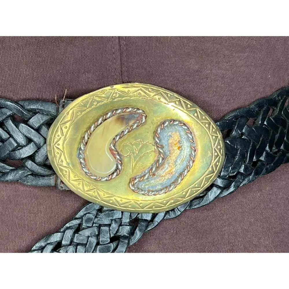 belt split leather black braided goldtone buckle stone western